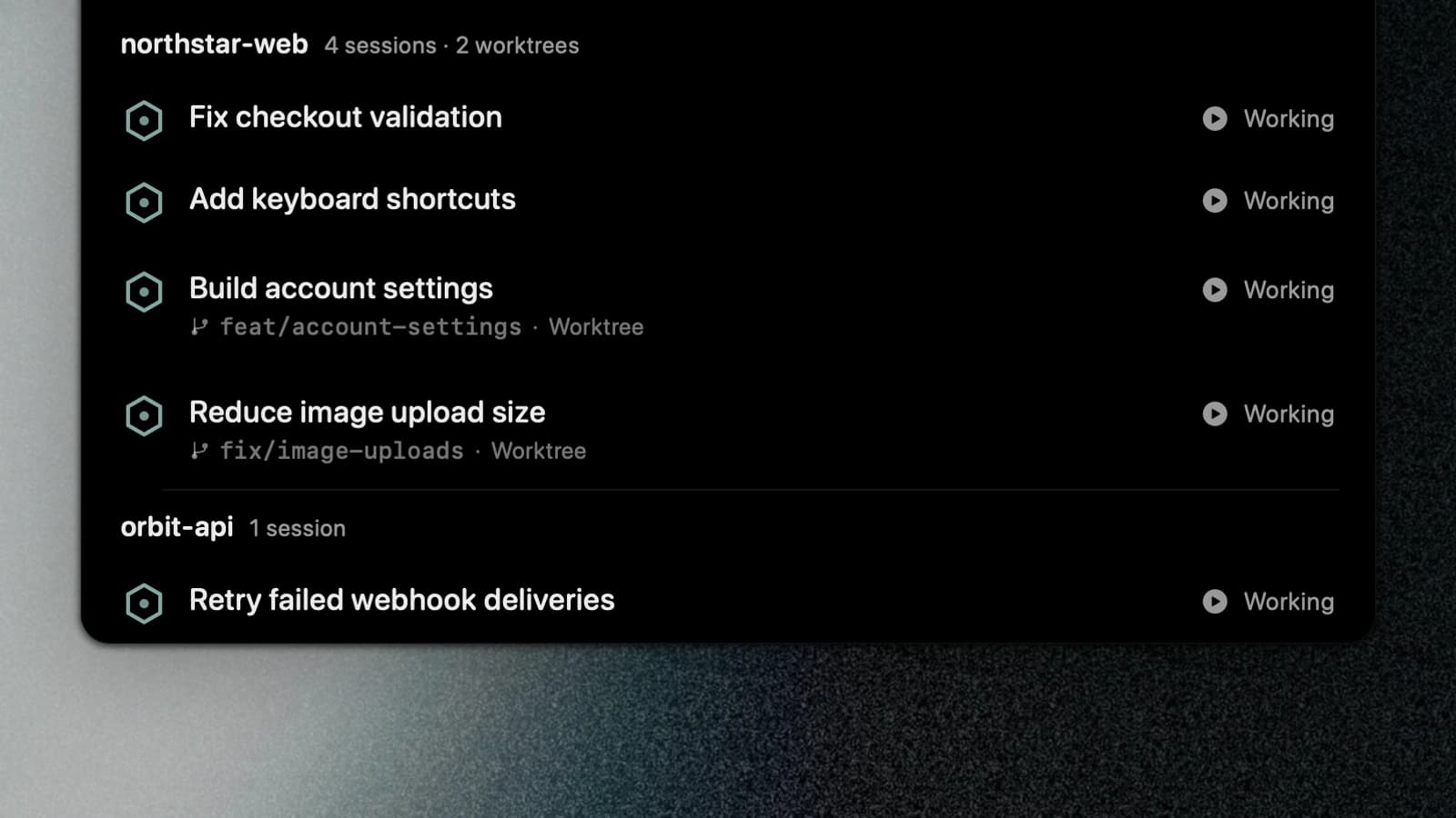 Agent Notch showing Northstar Web and Orbit API sessions grouped by project.