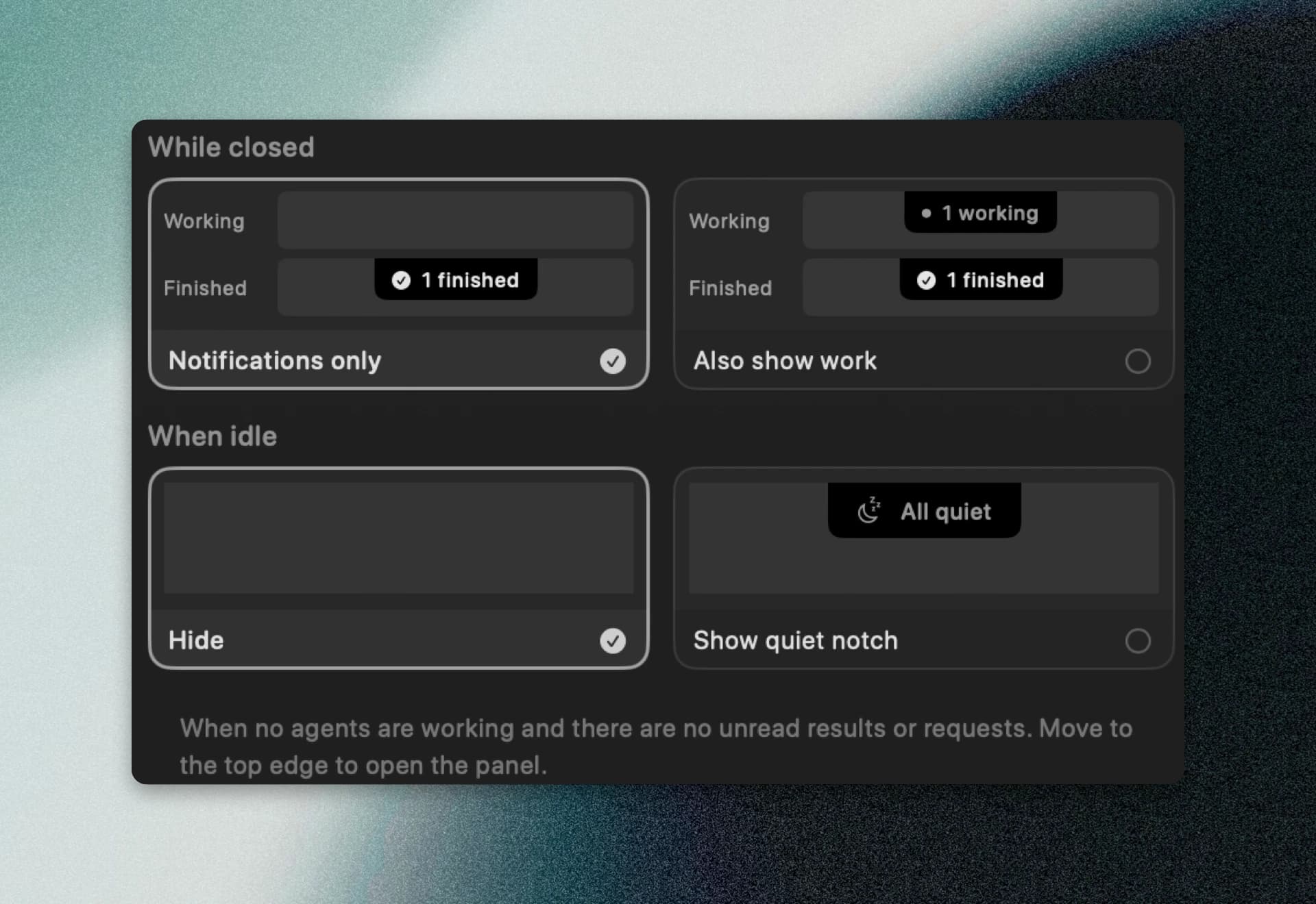 Panel settings showing Notifications only, Also show work, Hide, and Show quiet notch.