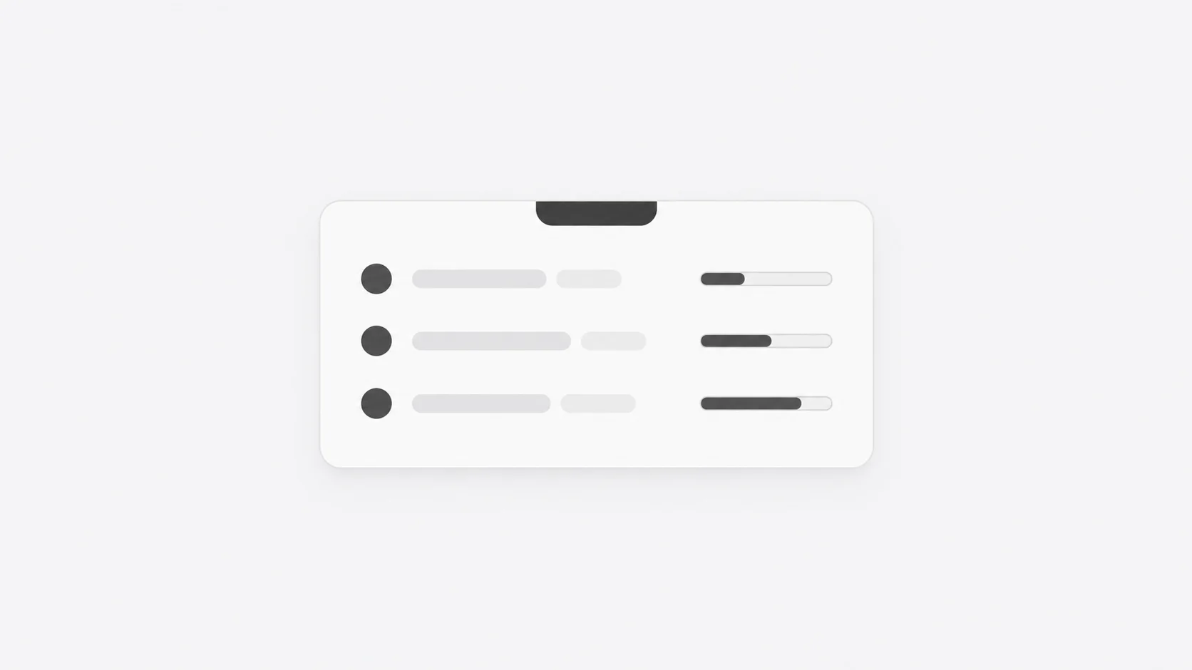 A white panel beneath a graphite notch, with three rows that each end in a bar at the same edge.