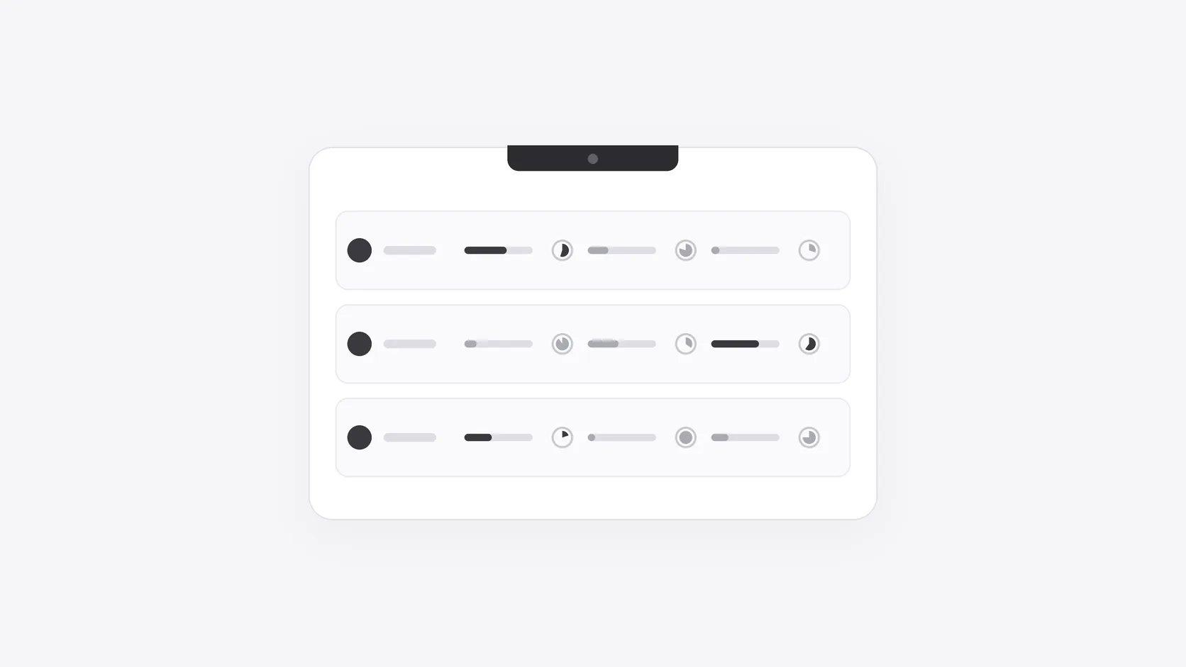 Three white rows beneath a graphite camera notch, each with small bars and clock faces.