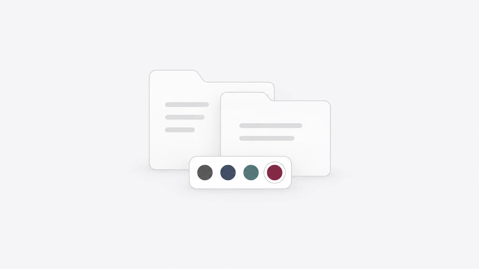 Two white folders beside graphite, blue, teal, and burgundy colour swatches.