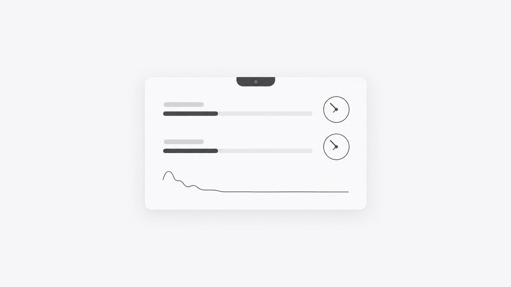 A white panel beneath a graphite notch, with two matching clocks and a thin activity line that settles low.