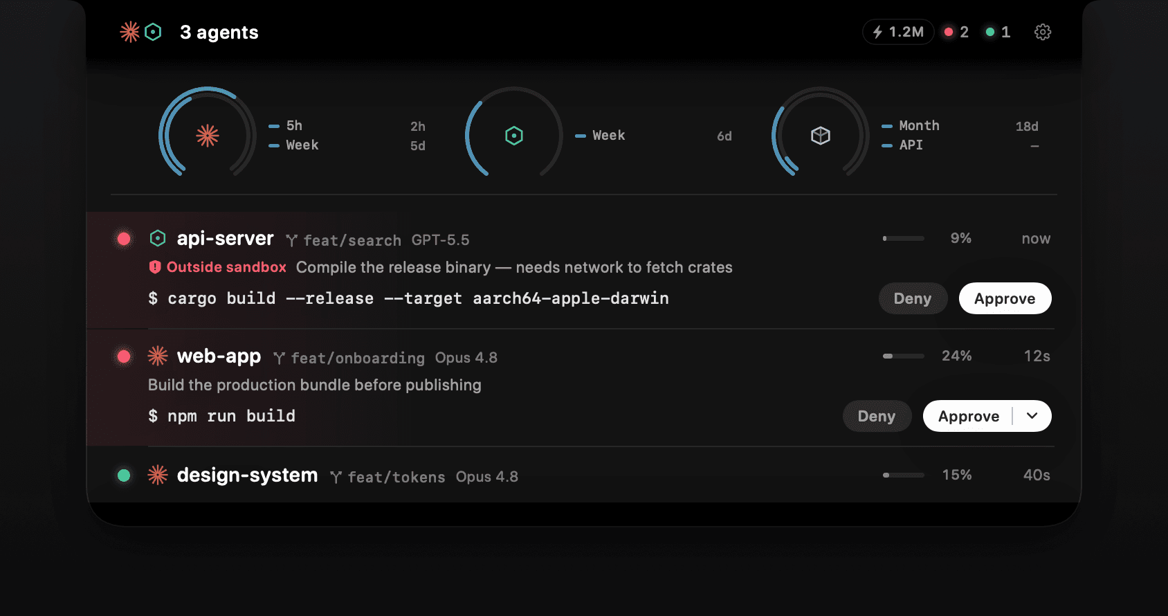 An agent asking to run `cargo build --release`, flagged Outside sandbox with the reason it needs network, and Deny / Approve buttons in the notch panel