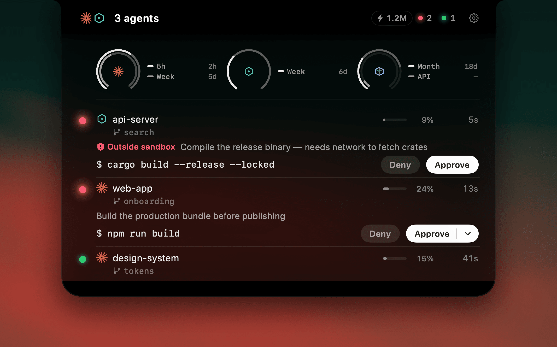 Answering an agent's approval prompt straight from the notch — the command, the reason, and Deny / Approve — AgentNotch + OpenCode