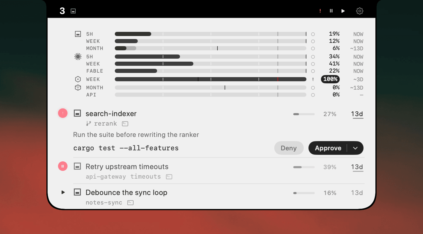 An agent waiting on permission in the notch panel: the command `cargo test --all-features`, the reason it is asking, and Deny and Approve on the row