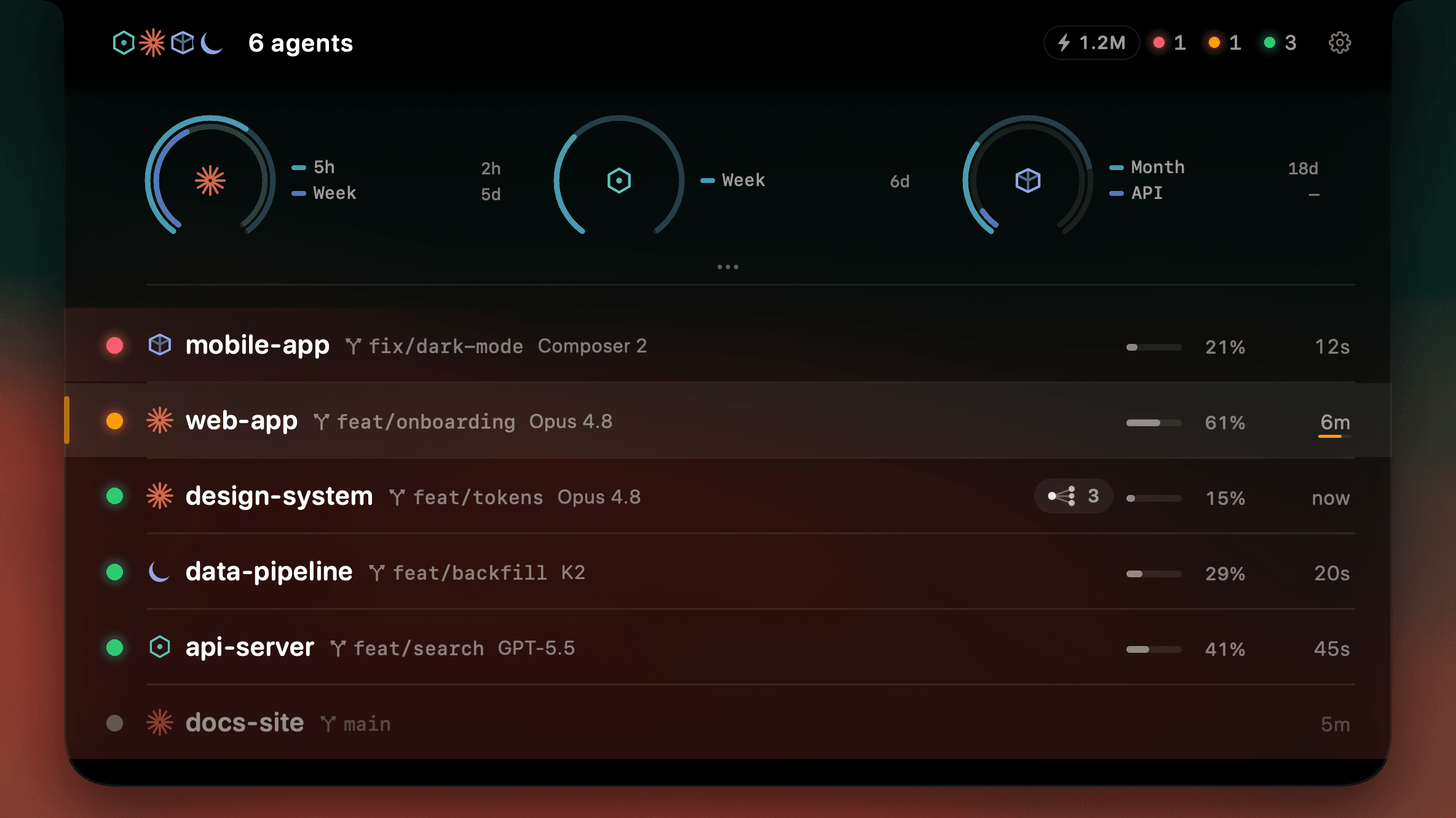 AgentNotch showing Claude Code, Cursor, and Codex side by side with live status and plan usage — AgentNotch + herdr