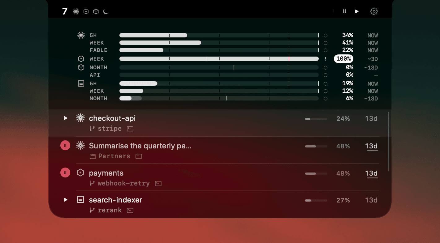 Agent sessions in one panel, each row carrying the glyph of the app running it — Ghostty, iTerm2, Warp, Cursor, Conductor and the Claude app