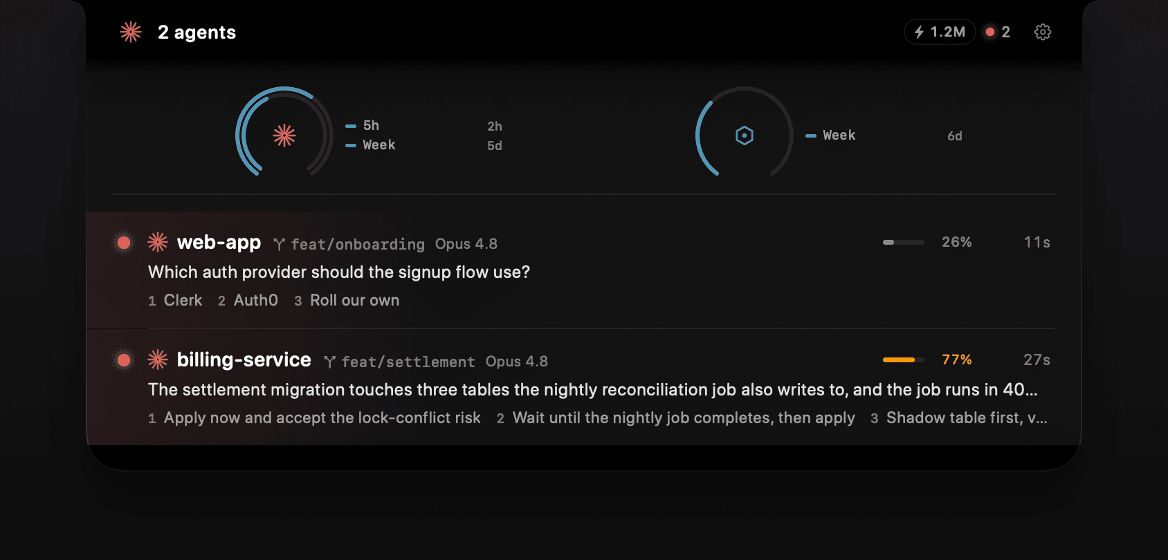 Two agents each asking a question with numbered options — one choosing an auth provider, one weighing a risky database migration