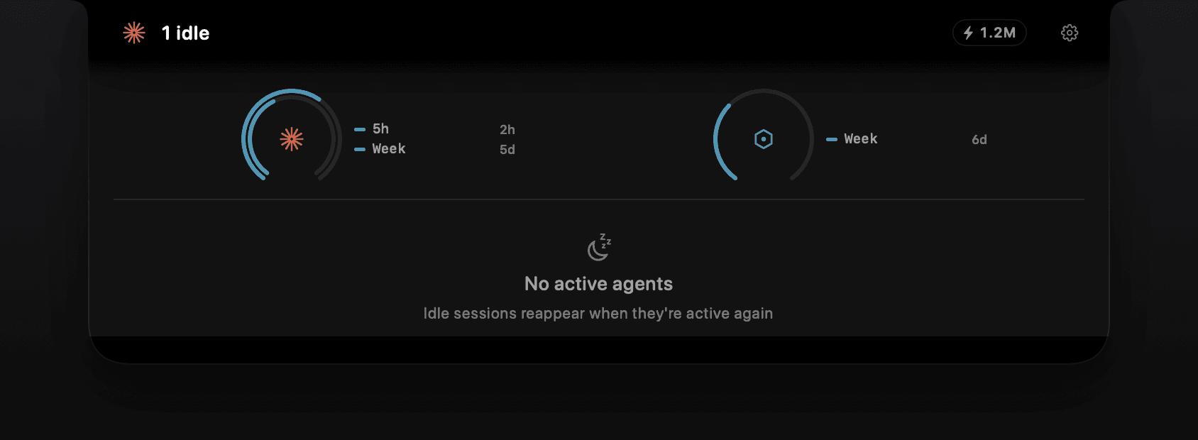 The resting AgentNotch panel — one agent quietly working, usage rings calm, nothing demanding attention