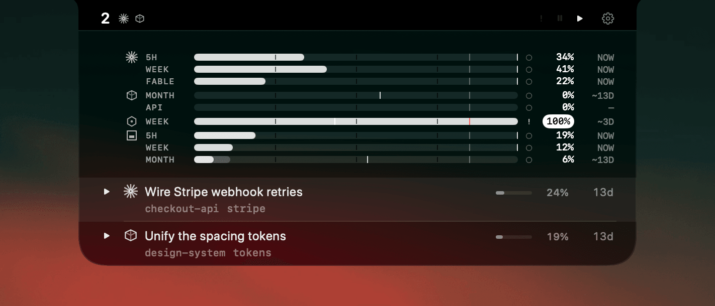 The resting AgentNotch panel — two agents quietly working, the plan meters calm, nothing demanding attention