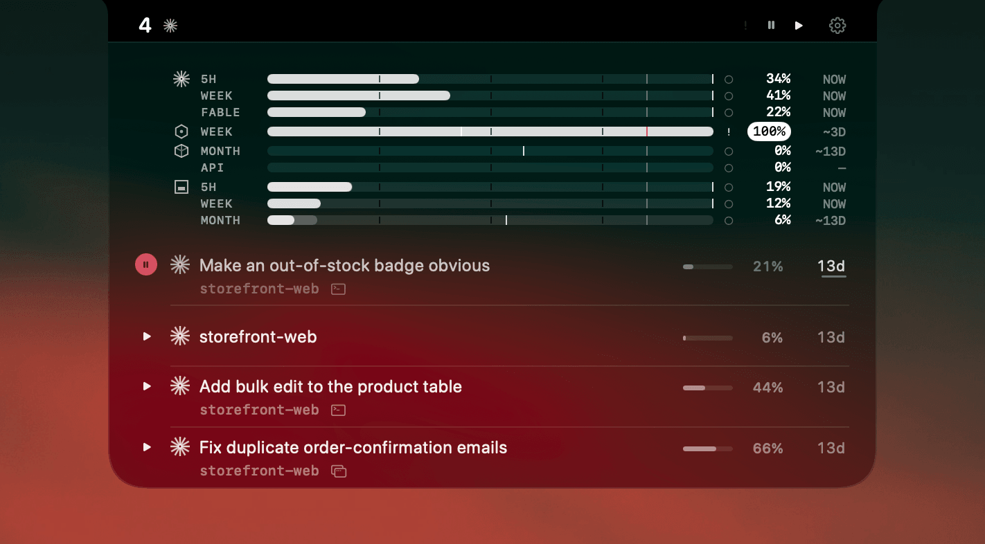 Several sessions of one repository in the AgentNotch panel, each named by the task it is doing rather than by the folder they share