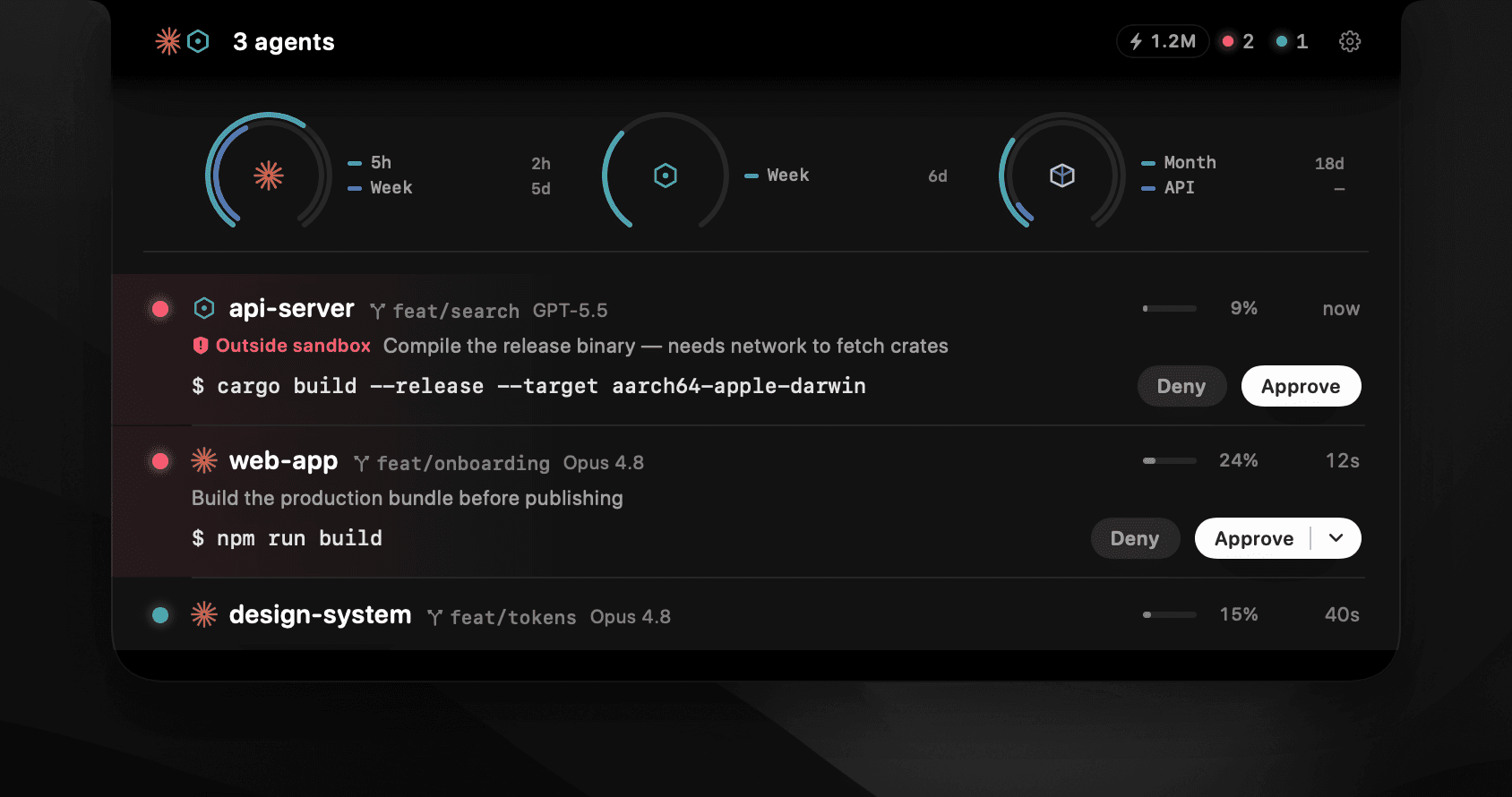 Answering an agent's approval prompt straight from the notch — the command, the reason, and Deny / Approve — Codex notifications on macOS