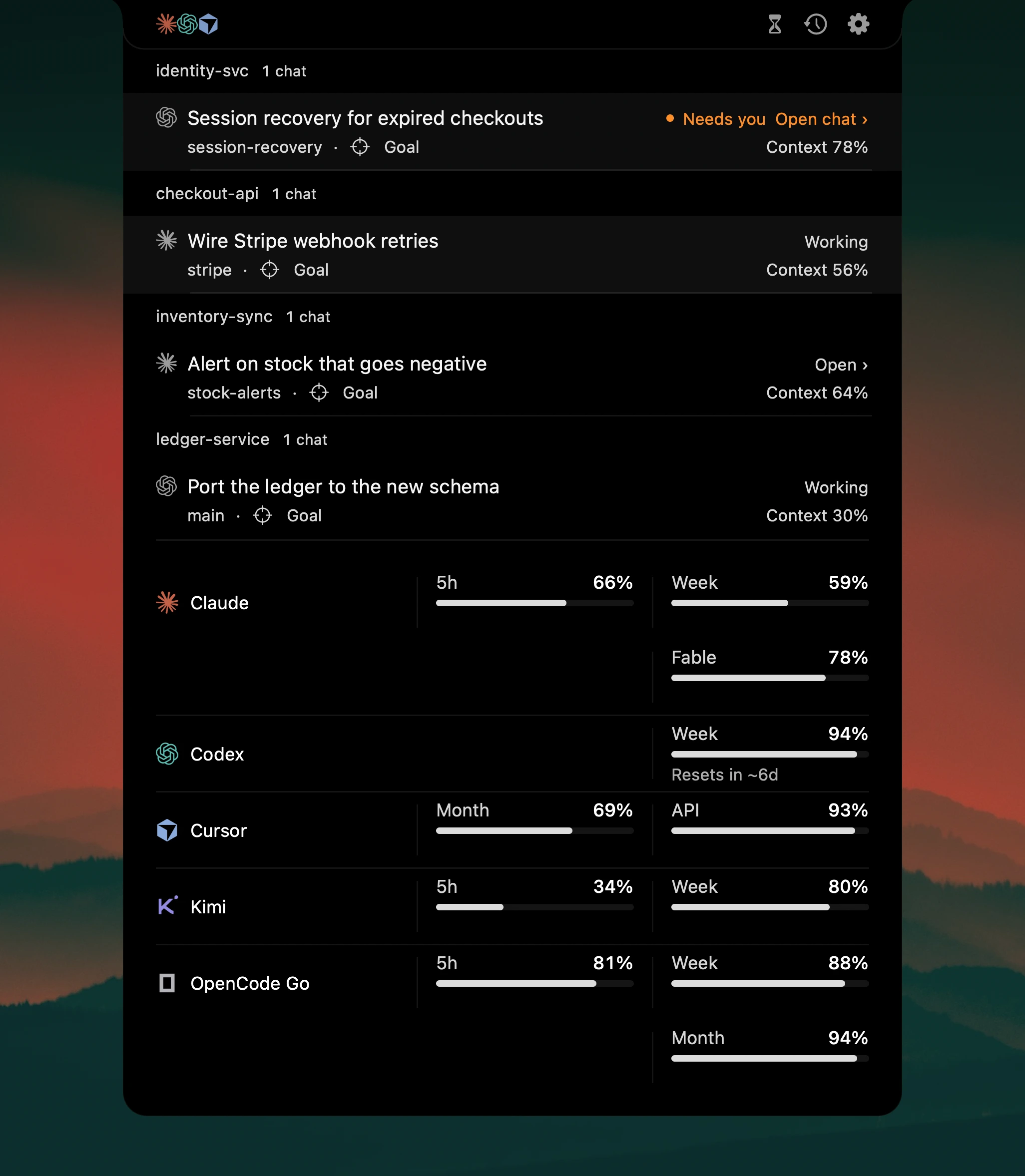 Claude and Codex tasks with goal indicators