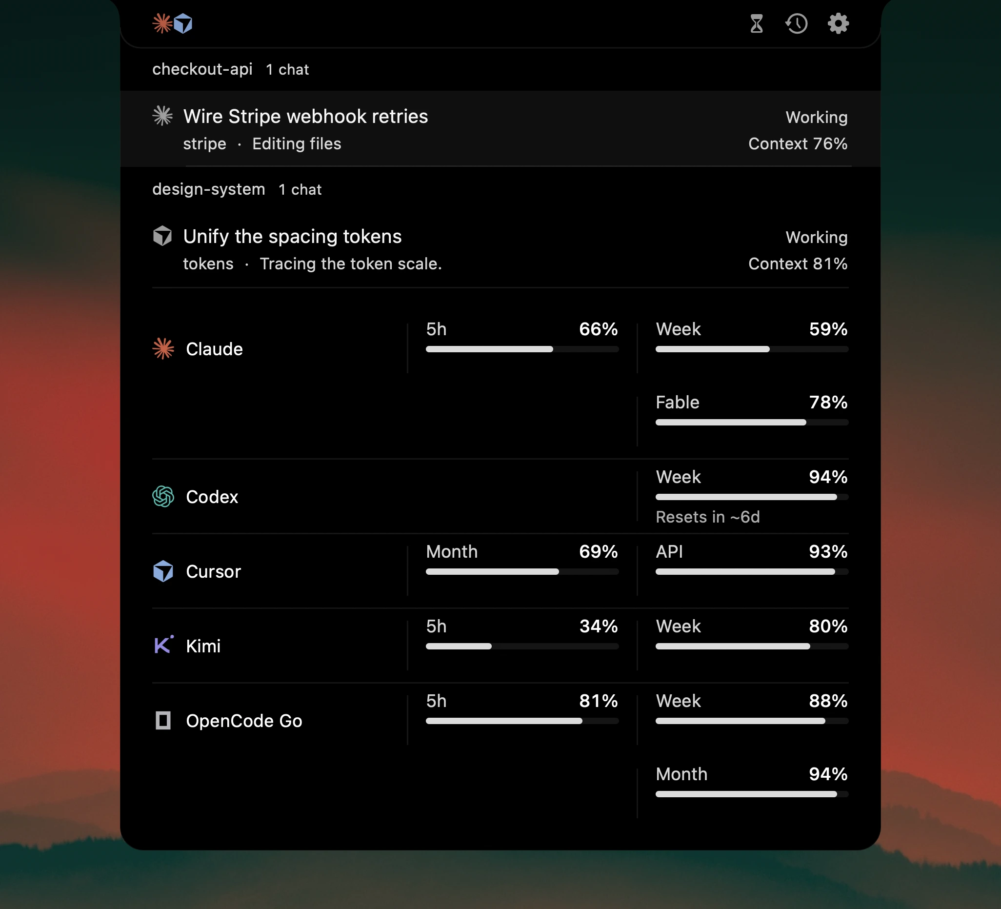 Two active sessions with separate context percentages